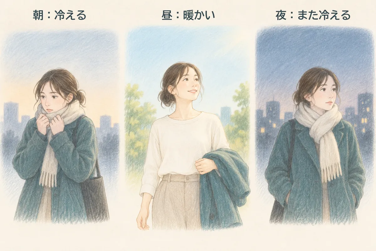 1日の気温差のイメージ。朝は冷えて上着を着て、昼は暖かくて上着を脱ぎ、夜はまた冷える