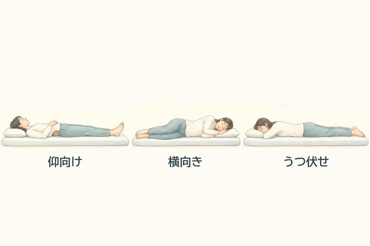 3つの寝姿勢。仰向け、横向き、うつ伏せ