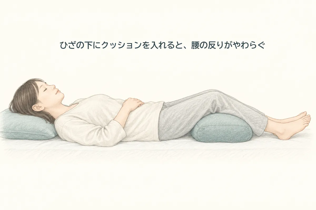 仰向けで、ひざの下にクッションを入れて寝ている。腰の反りがやわらぐ