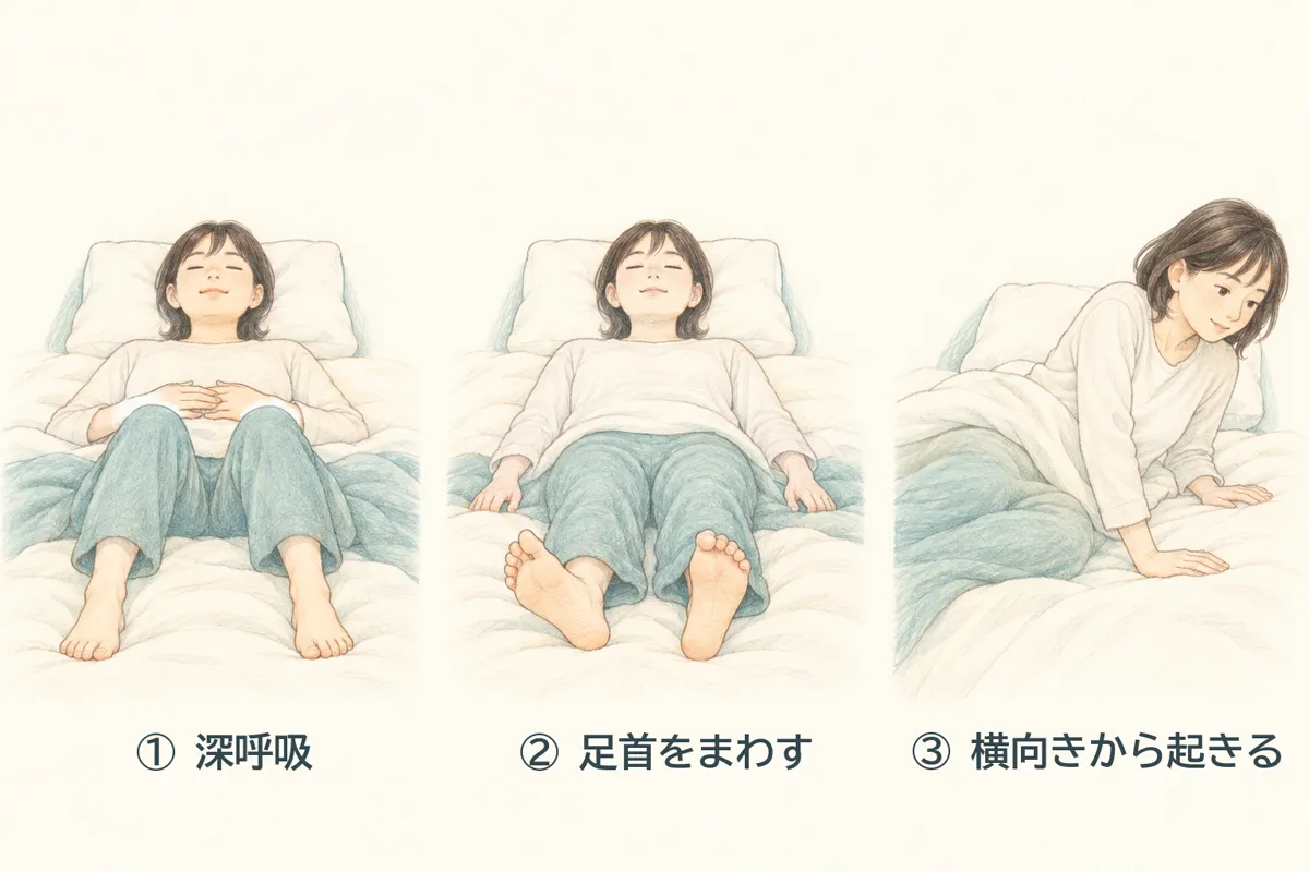 布団の中でできる3つの動き。1 仰向けで深呼吸、2 足首をまわす、3 横向きになってから腕で起き上がる
