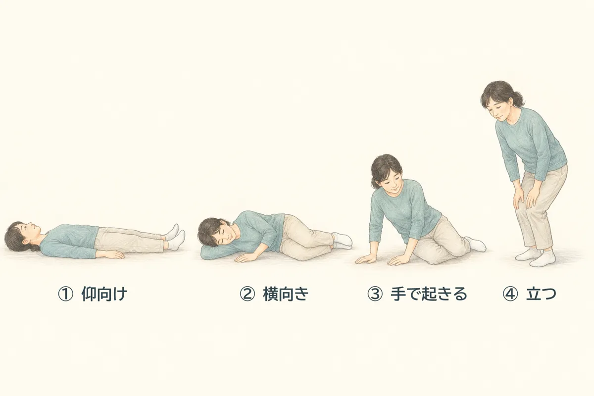 腰が痛いときの起き上がり方。1 仰向け、2 横向きになる、3 手で床を押して起きる、4 ゆっくり立つ
