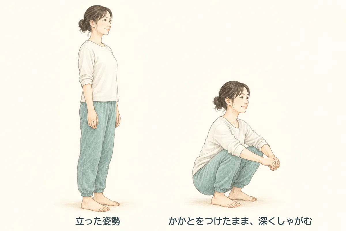 しゃがみ込みの運動。立った姿勢から、かかとを床につけたまま深くしゃがむ