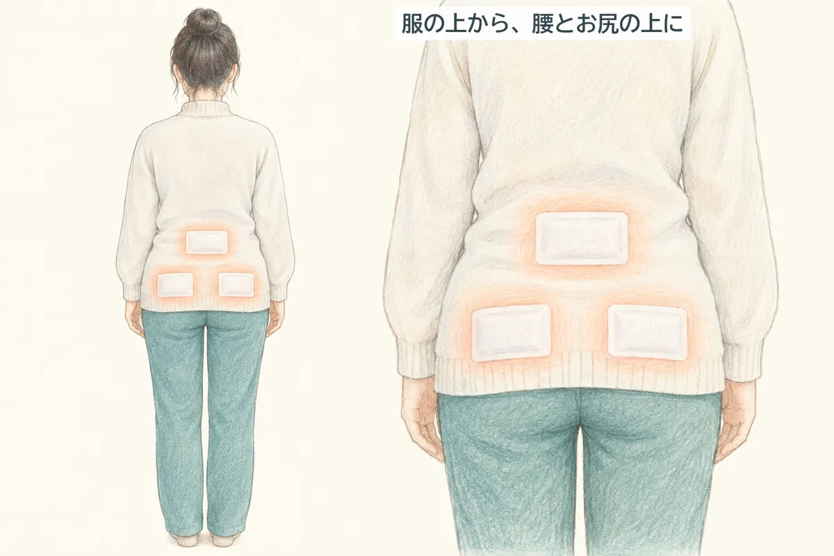 カイロを貼る位置。服の上から、腰とお尻の上あたりに貼る