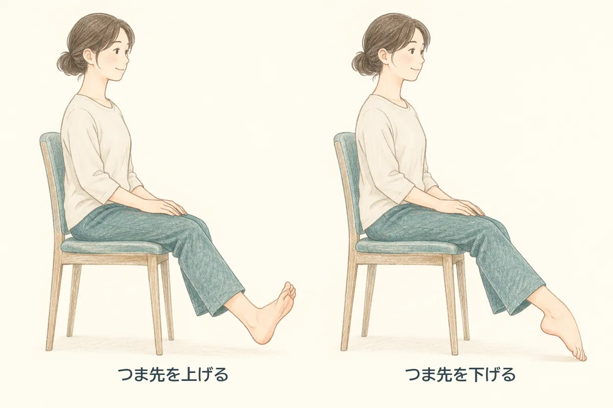 椅子に座ってできる足首ポンプ。つま先を上げる、つま先を下げる