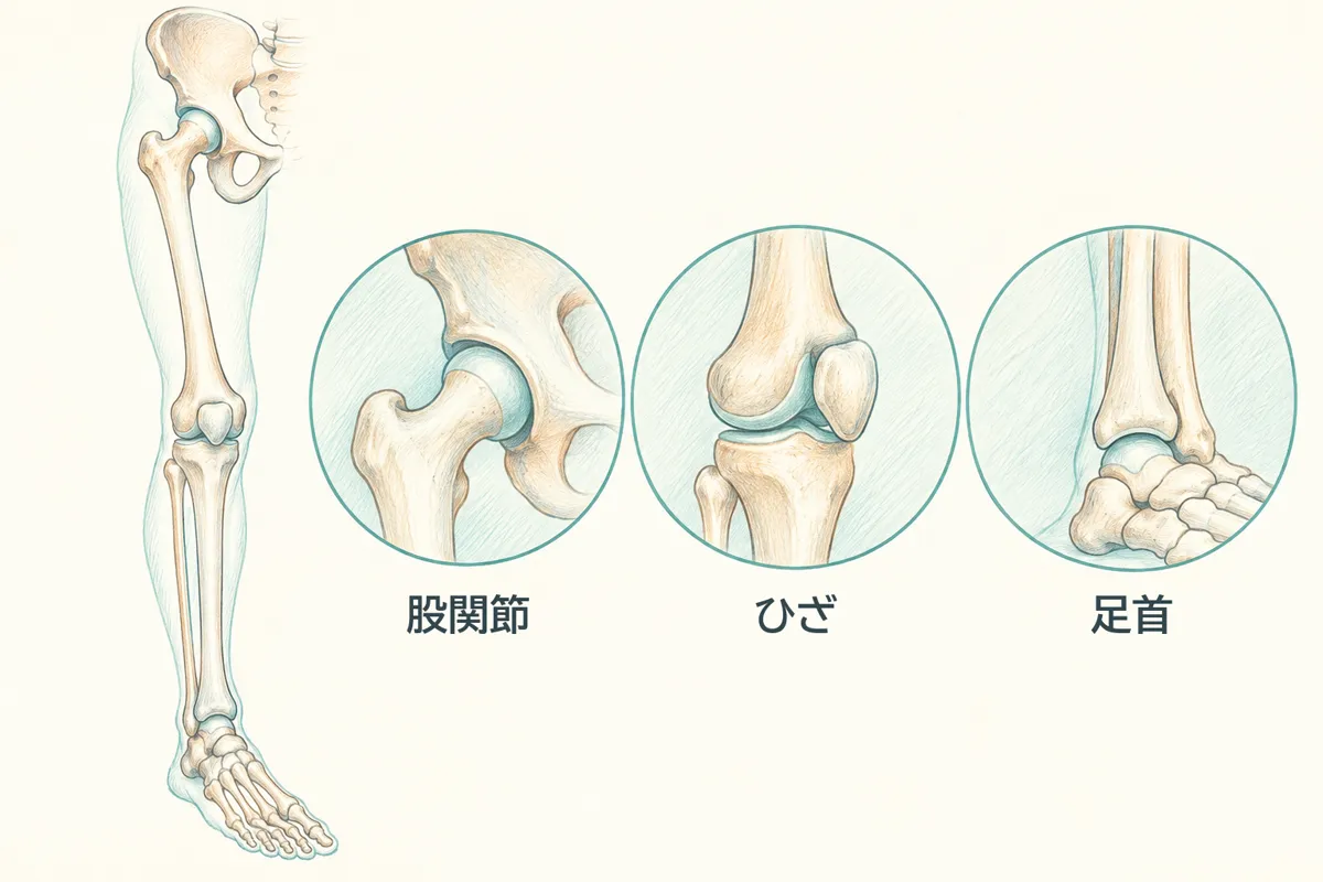 脚の骨の図。ひざは上の股関節と下の足首に挟まれている