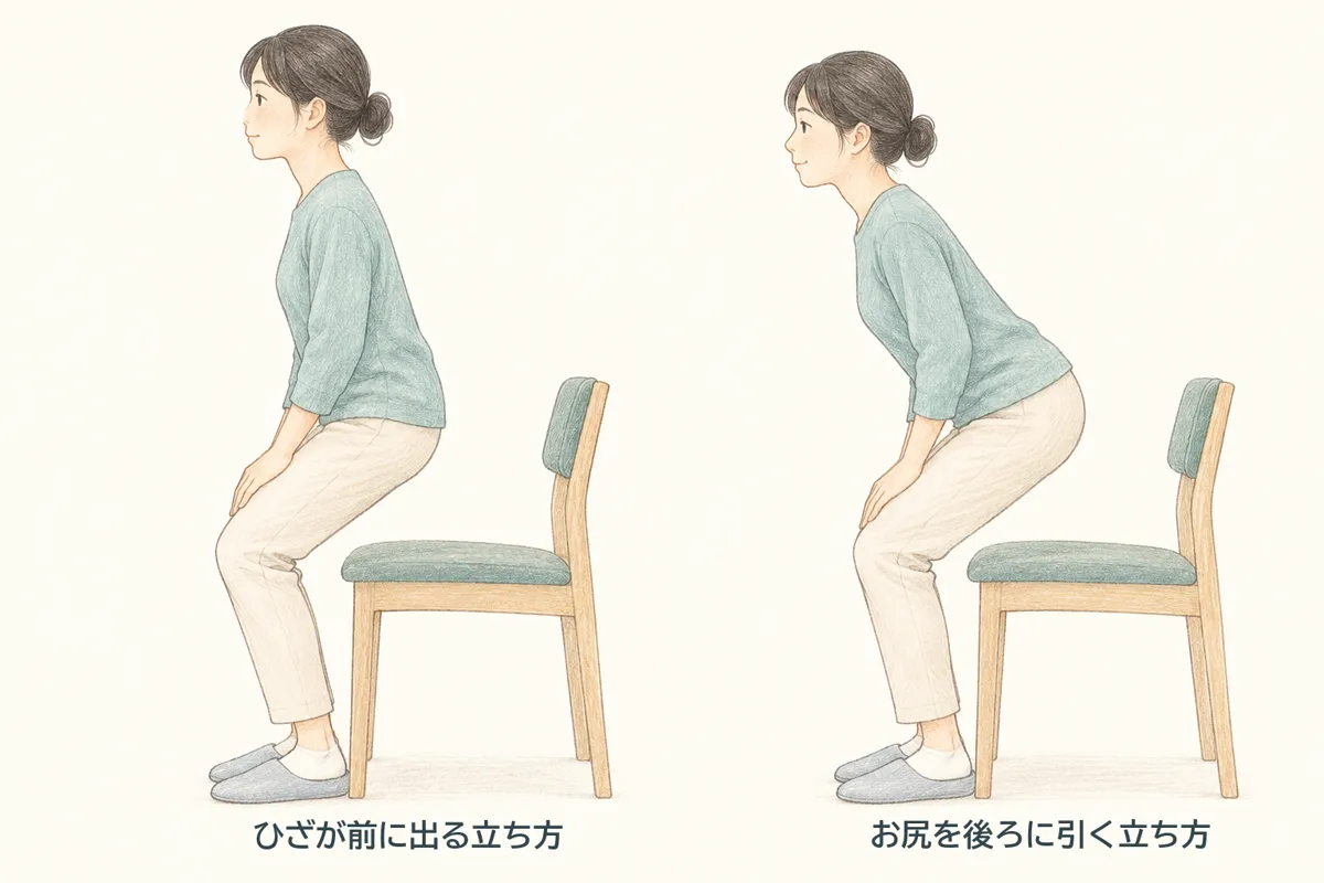 椅子からの立ち上がり方の比較。ひざが前に出る立ち方と、お尻を後ろに引いて股関節から立つ立ち方