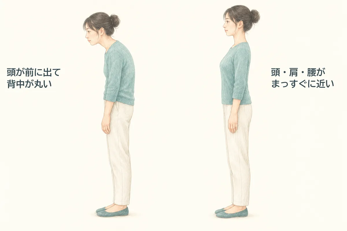 横から見た姿勢の比較。頭が前に出て背中が丸い姿勢と、頭・肩・腰がまっすぐに近い姿勢