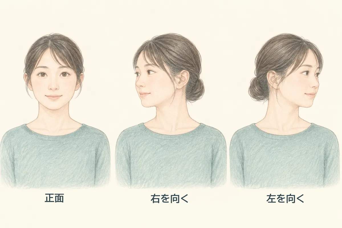 首の振り向きチェック。正面、右を向く、左を向く
