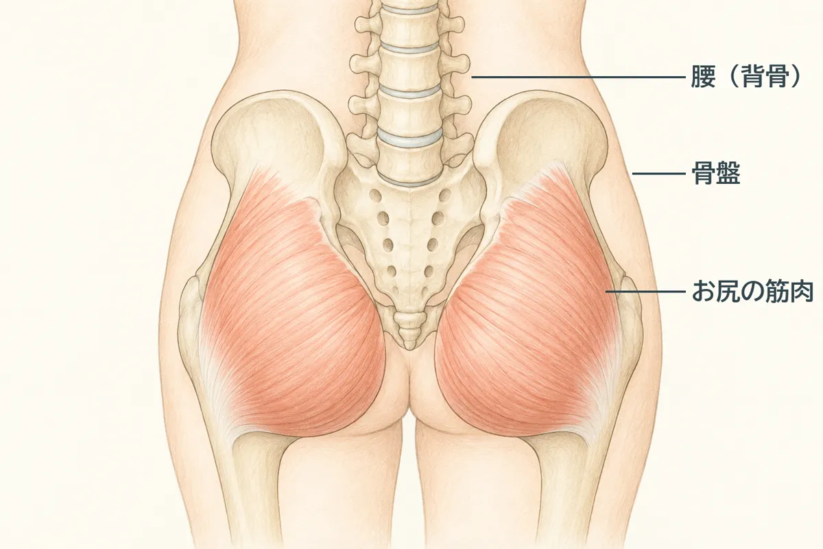 後ろから見た腰と骨盤、お尻の筋肉の位置。背骨の下に骨盤があり、その後ろをお尻の筋肉が覆っている