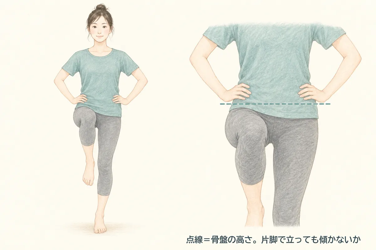 片脚立ちのチェック。腰に手を当てて片脚で立ち、骨盤の高さが傾かないかを見る