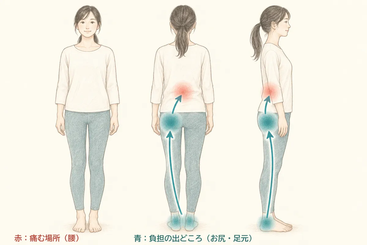 前・後ろ・横から見た人の図。赤は痛む場所(腰)、青は負担の出どころ(お尻・足元)で、足元からお尻、腰へと矢印でつながっている