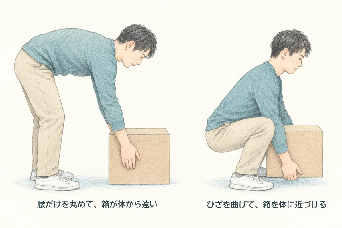重い箱の持ち上げ方の比較。腰だけを丸めて箱が体から遠い持ち方と、ひざを曲げて箱を体に近づける持ち方