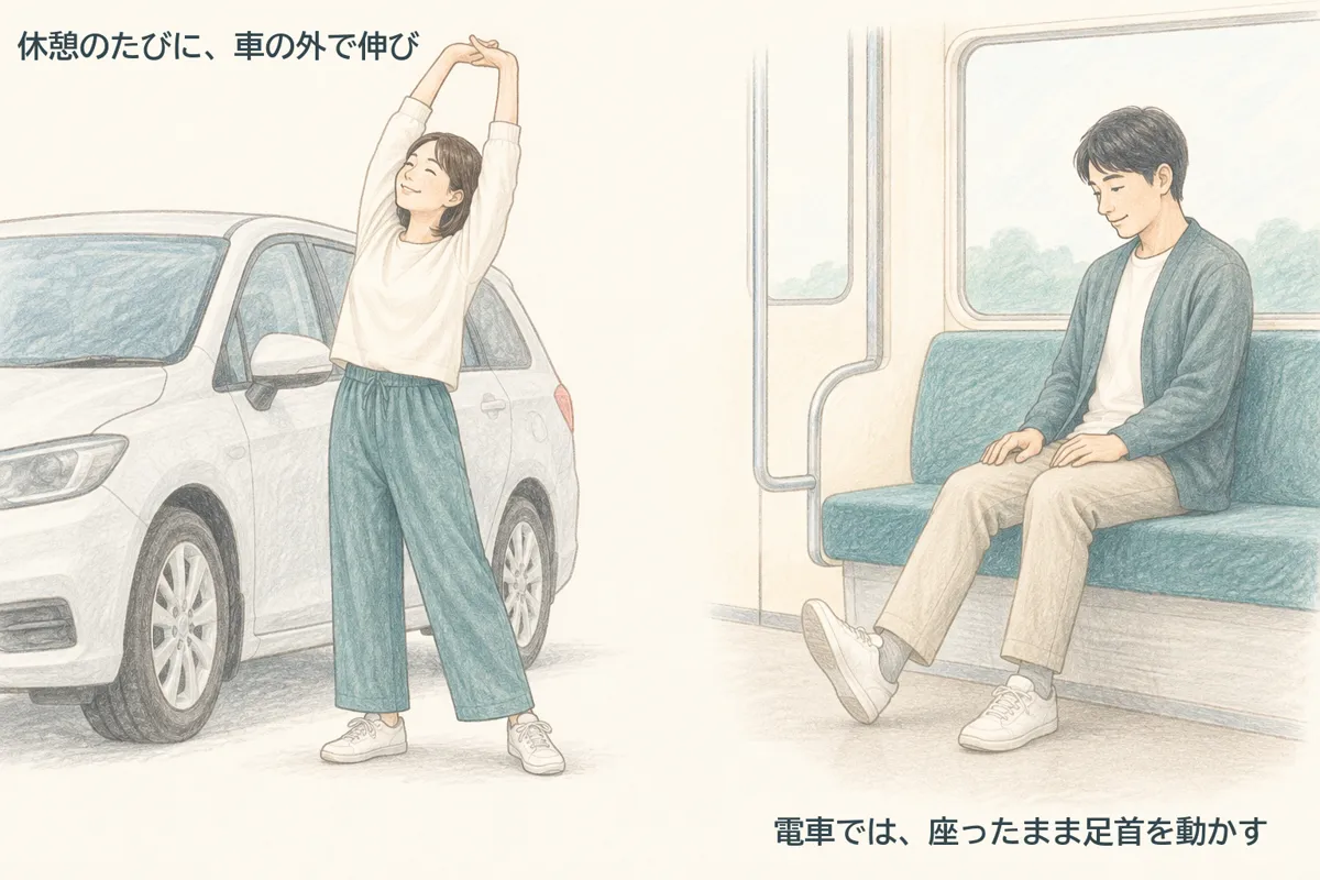 長い移動の途中でできること。休憩のたびに車の外で伸びをする。電車では座ったまま足首を動かす