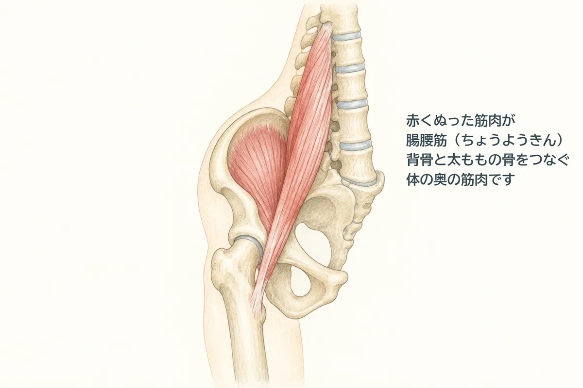 腸腰筋の位置。背骨と太ももの骨をつなぐ、体の奥の筋肉