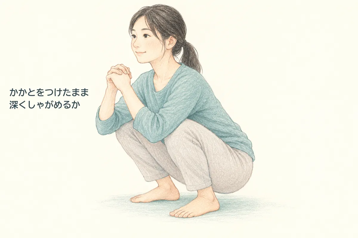 かかとを床につけたまま、深くしゃがめるかを確かめている