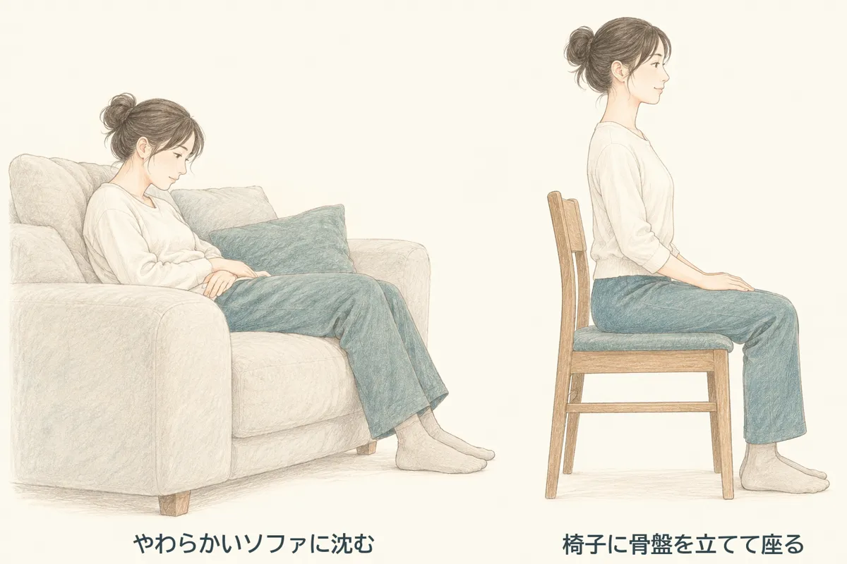 座り方の比較。やわらかいソファに沈んで背中が丸まる座り方と、椅子に骨盤を立てて座る座り方