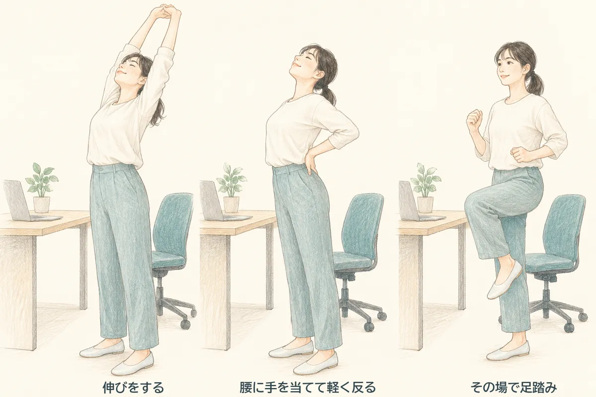 デスクのそばでできる3つの動き。伸びをする、腰に手を当てて軽く反る、その場で足踏み