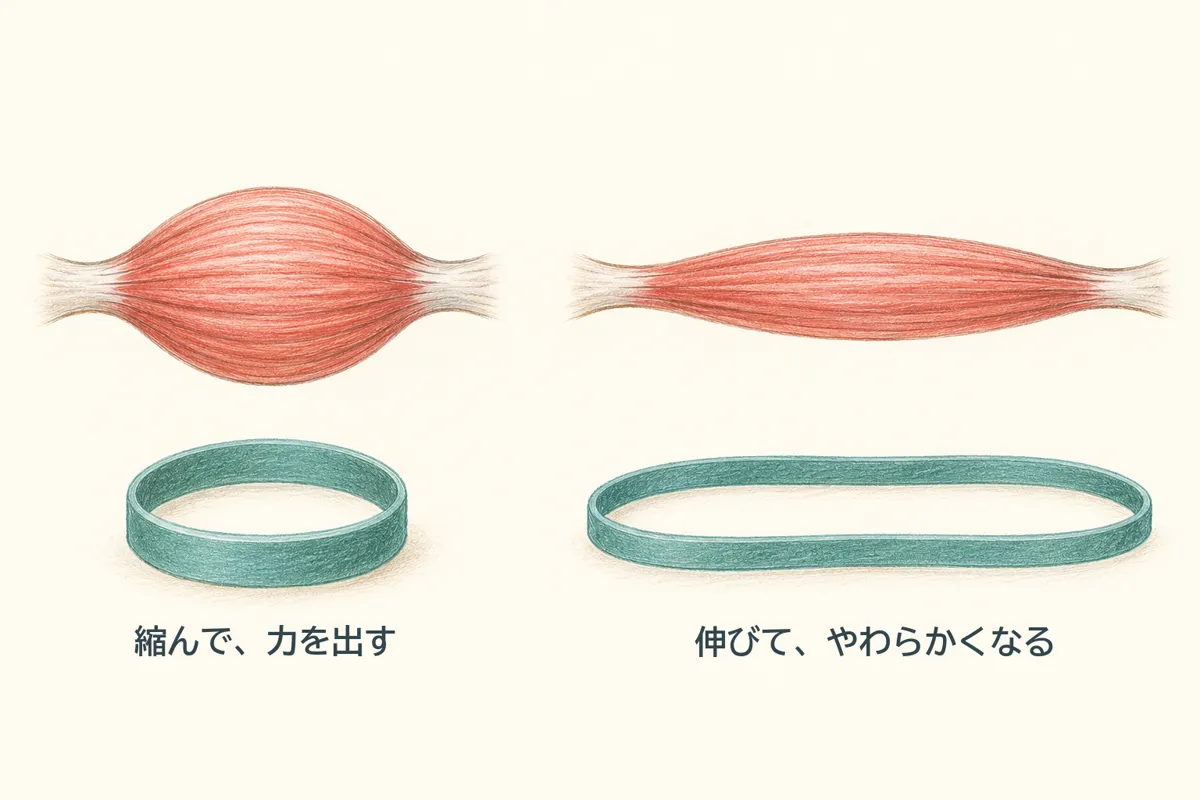 筋肉をゴムひもにたとえた図。縮んで力を出す様子と、伸びてやわらかくなる様子