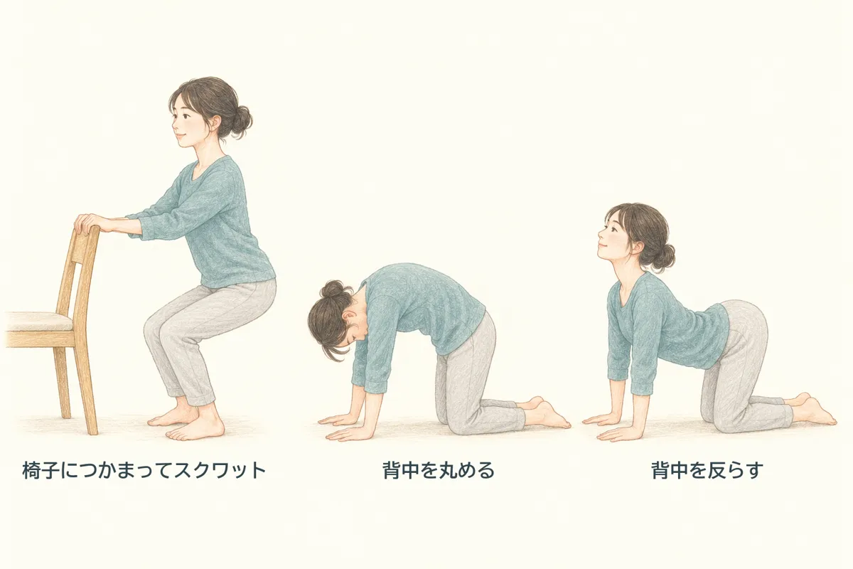 自宅でできる運動。椅子につかまってスクワット、四つ這いで背中を丸める、背中を反らす